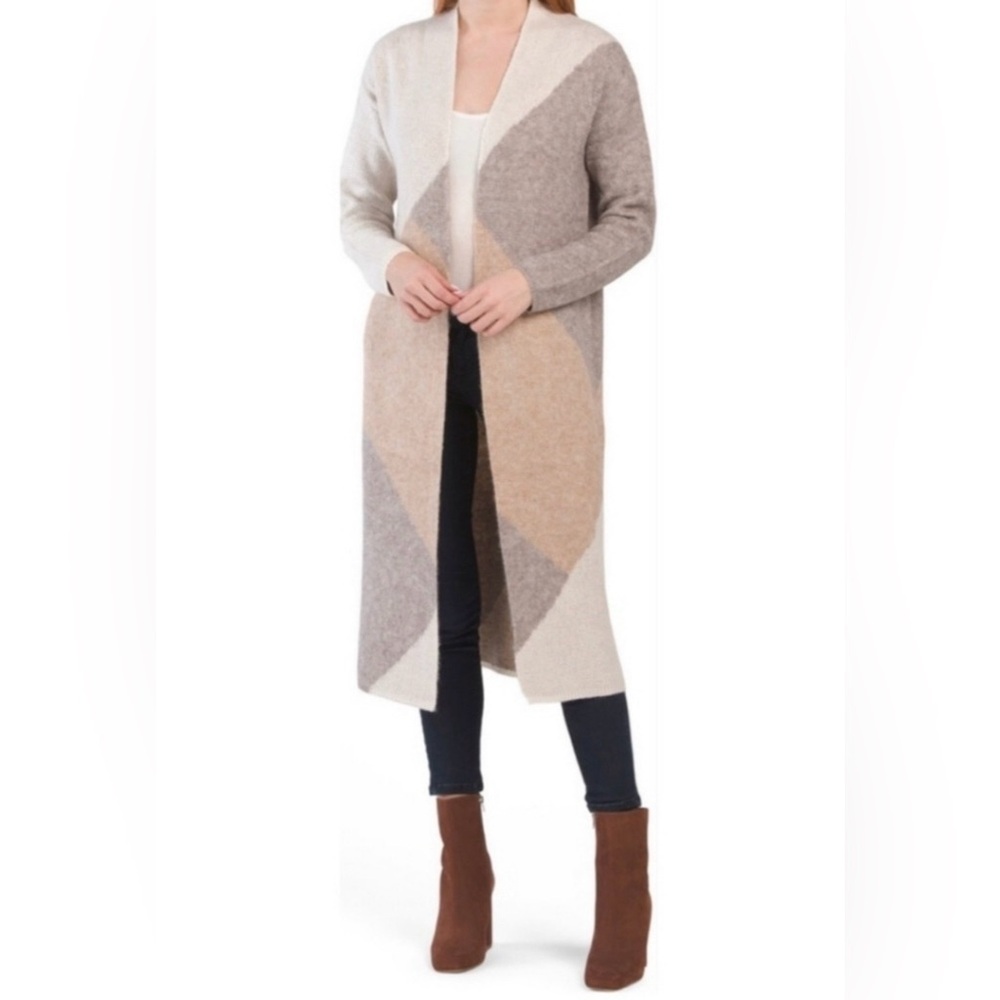 Sincerely Jules Long Cardigan, Sz. S, Gray/Tan/Beige Color Block, Soft & Warm